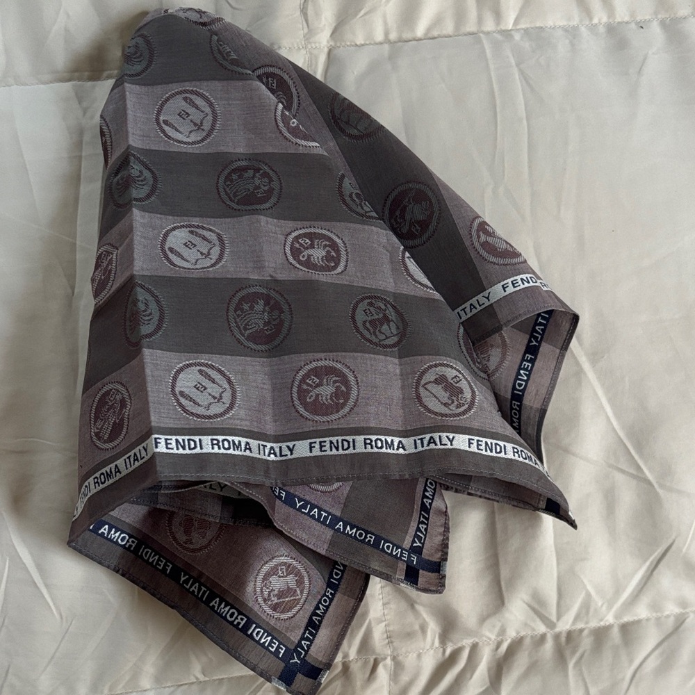 Fendi Roma Italy Zodiac Scarf Handkerchief Pocket Square gray black stripes 18” - Picture 13 of 14